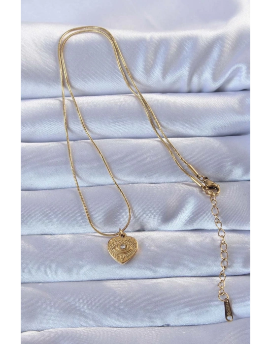 ® 316L Altın Renk Zirkon Taşlı İşlemeli Göz Detay Kalp Kolye