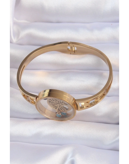 ® 316L Çelik Altın Renk İçi Yaşam Ağacı ve Nazar Boncuk Figürlü Açılabilir Fanus Kelepçe