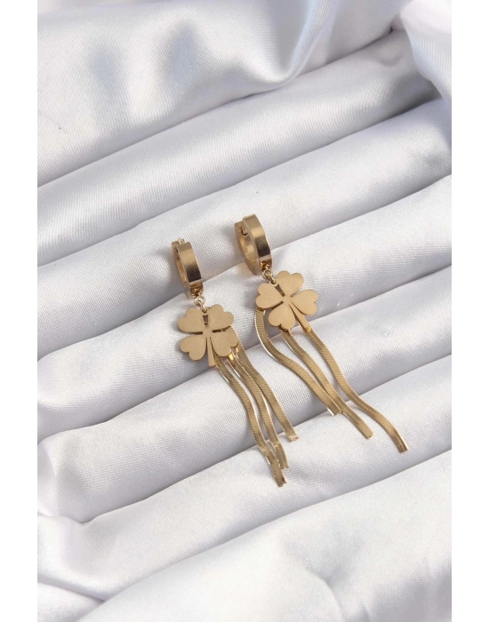 ® 316L Çelik Altın Renk İtalyan Zincirli Yonca Model Halka Küpe