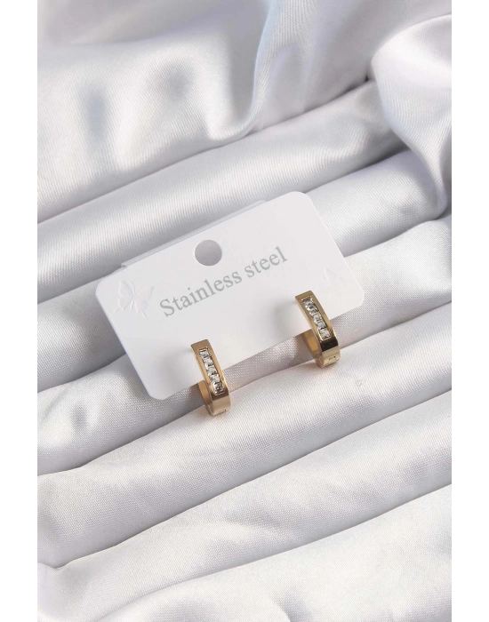 ® 316L Çelik Altın Renk Zirkon Taşlı Halka Model Küpe