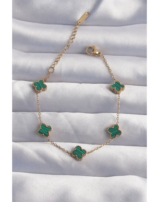 ® 316L Çelik Baby Boy Gold Renk Çizgili Yeşil Mineli Yonca Bileklik