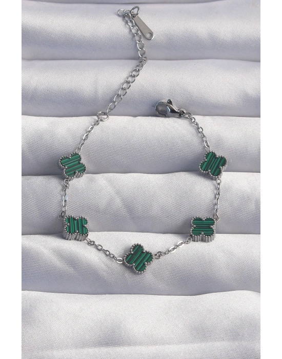 ® 316L Çelik Baby Boy Gümüş Renk Çizgili Yeşil Mineli Yonca Bileklik