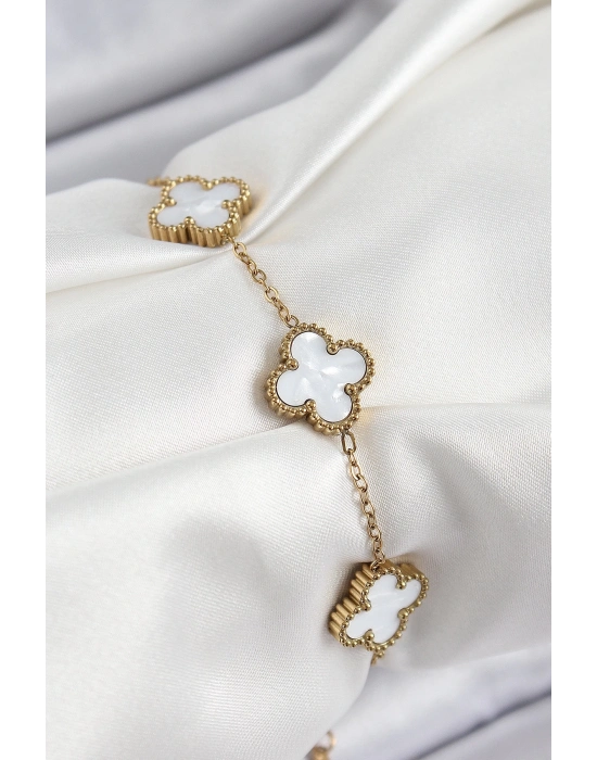 ® 316L Çelik Beyaz Sedef Yonca Model Gold Renk Kadın Bileklik