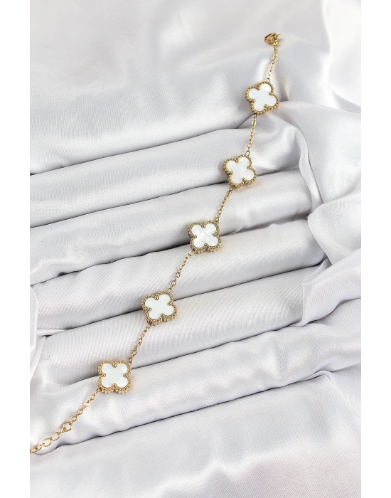 ® 316L Çelik Beyaz Sedef Yonca Model Gold Renk Kadın Bileklik