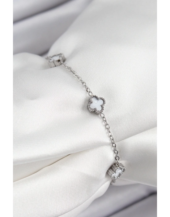 ® 316L Çelik Beyaz Sedef Yonca Model Gümüş Renk Kadın Bileklik