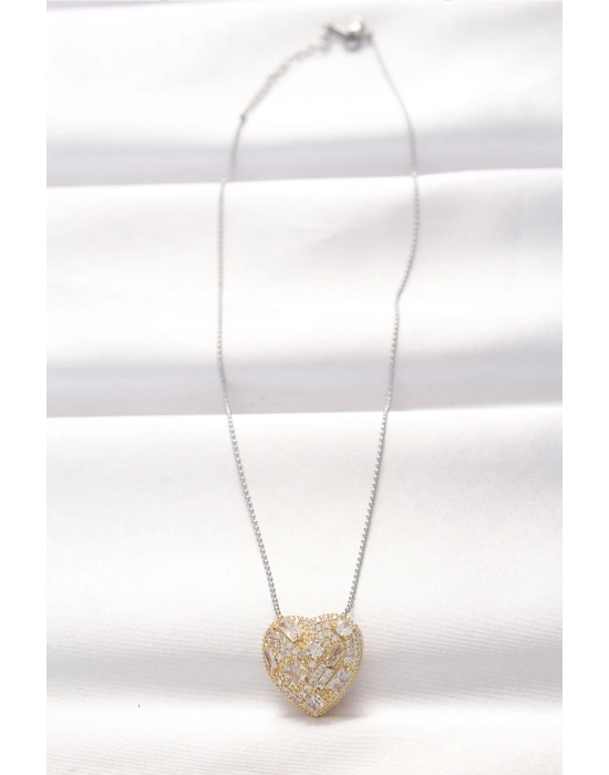 ® 316L Çelik Çift Renk Zirkon Taşlı Kalp Kolye