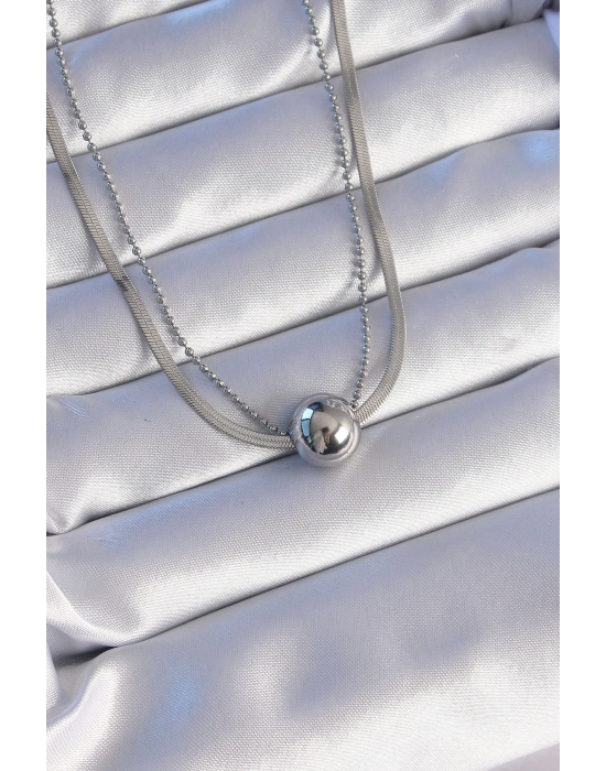 ® 316L Çelik Çift Zincirli Gümüş Renk Topçuk İtalyan Model Kolye