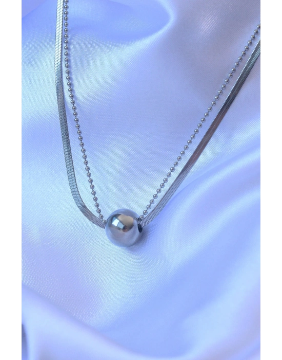 ® 316L Çelik Çift Zincirli Gümüş Renk Topçuk İtalyan Model Kolye