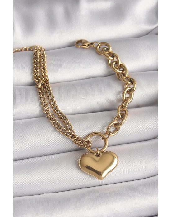 ® 316L Çelik Gold Renk 2Li Zincir Model Kalp Figür Kadın Bileklik