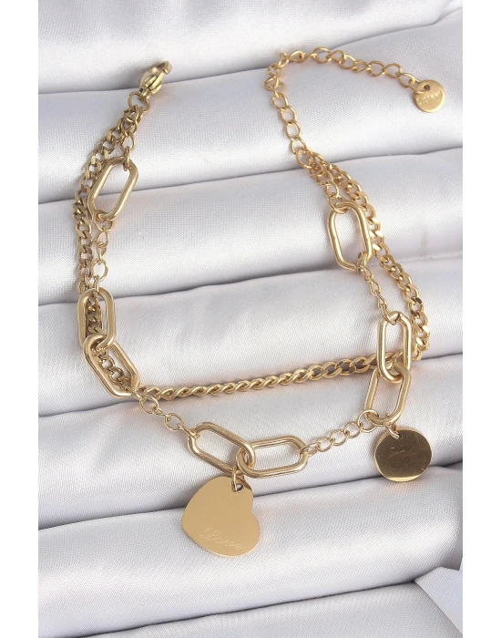 ® 316L Çelik Gold Renk 2Li Zincir Model Sallantı Kalp Figür Kadın Bileklik
