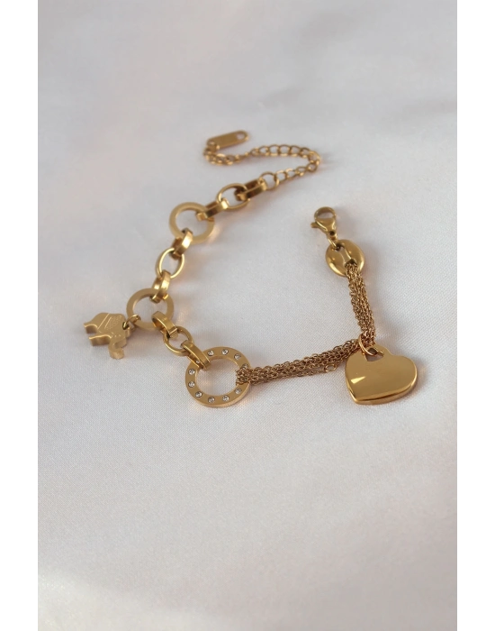 ® 316L Çelik Gold Renk 2li Zincir Model Zirkon Taş Detay Kadın Bileklik