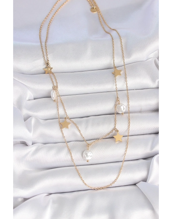 ® 316L Çelik Gold Renk 2Li Zincir Sallantı Yıldız İnci Model Kadın Kolye