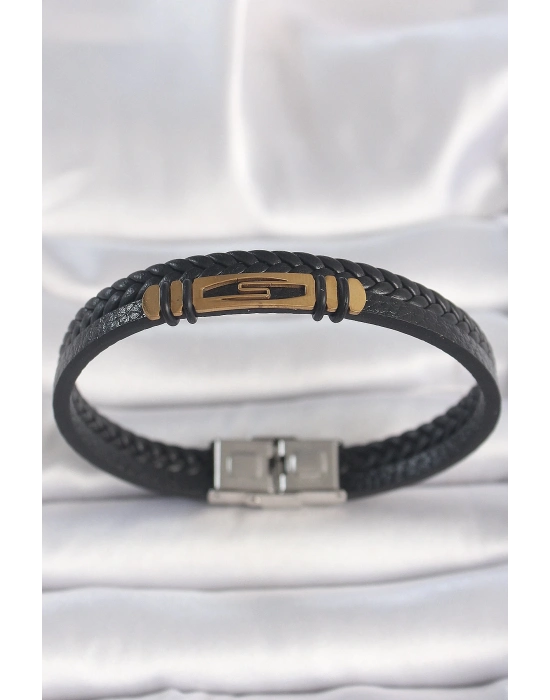 ® 316L Çelik Gold Renk Aksesuarlı Çift Sıra Siyah Burgu Desenli Deri Kordon Erkek Bileklik