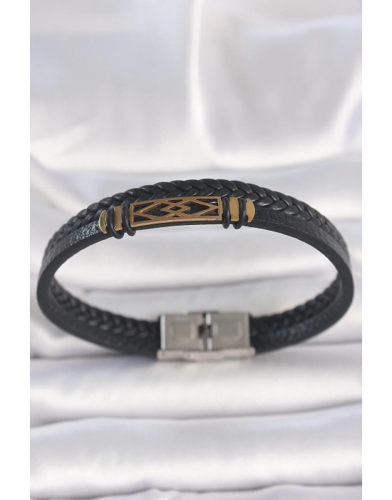 ® 316L Çelik Gold Renk Aksesuarlı Çift Sıra Siyah Burgu Desenli Deri Kordon Erkek Bileklik