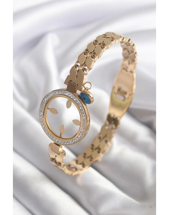 ® 316L Çelik Gold Renk Arpa Model Zirkon Taş Detay Çeyrek Altın Takılabilir Kadın Kelepçe