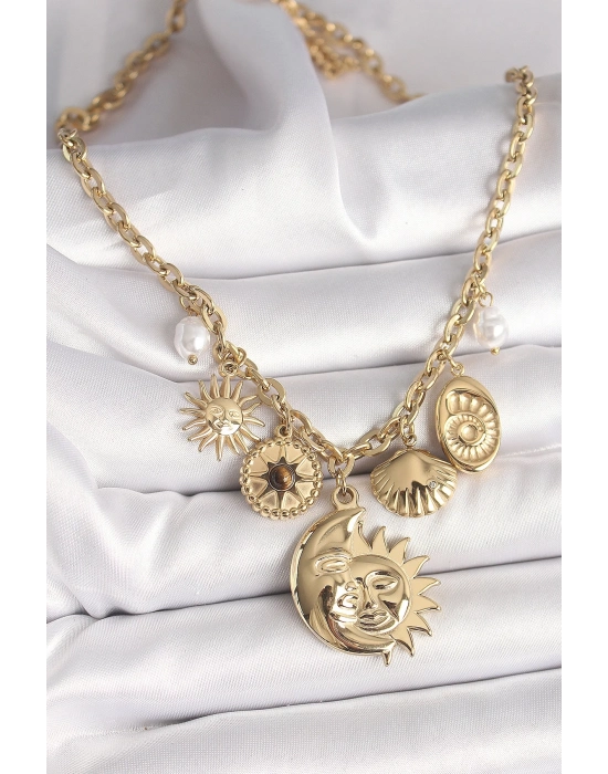 ® 316L Çelik Gold Renk Ay Güneş Figür Deniz Kabuğu Detay Kadın Kolye