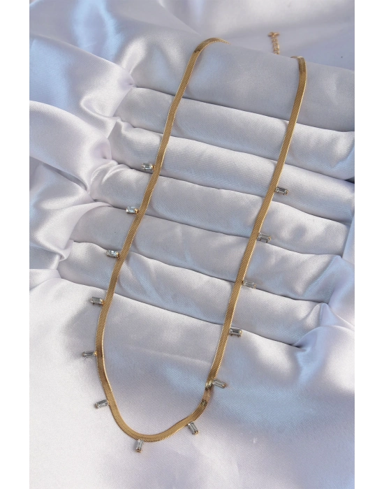 ® 316L Çelik Gold Renk Baget Taşlı İtalyan Zincir Kolye