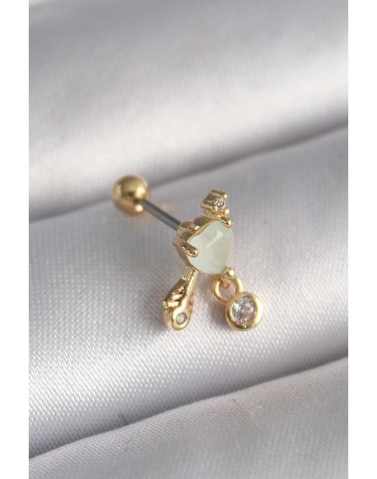 ® 316L Çelik Gold Renk Beyaz Mineli Kalp Sallantı Zirkon Taşlı Tragus Piercing