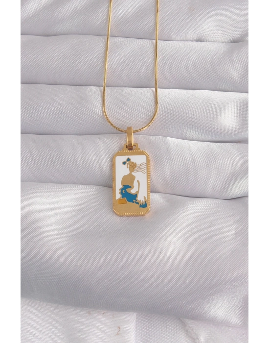 ® 316L Çelik Gold Renk Beyaz Mineli Kız Figür Tarot Kolye