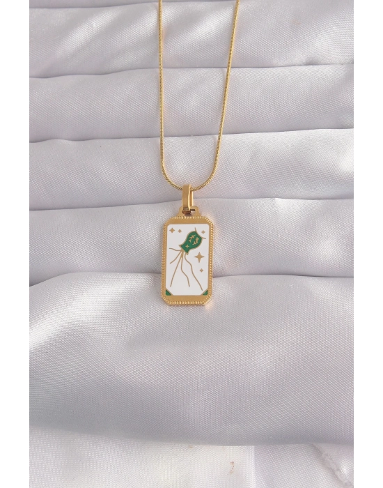 ® 316L Çelik Gold Renk Beyaz Mineli Tarot Kolye