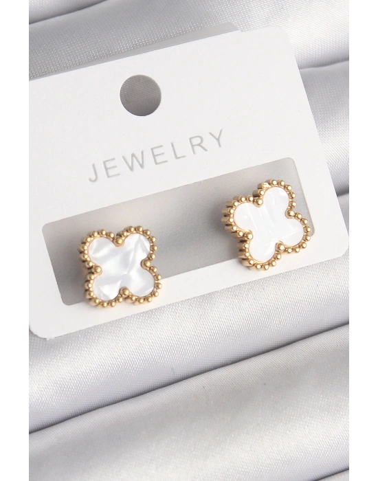 ® 316L Çelik Gold Renk Beyaz Minelik Yonca Model Kadın Küpe