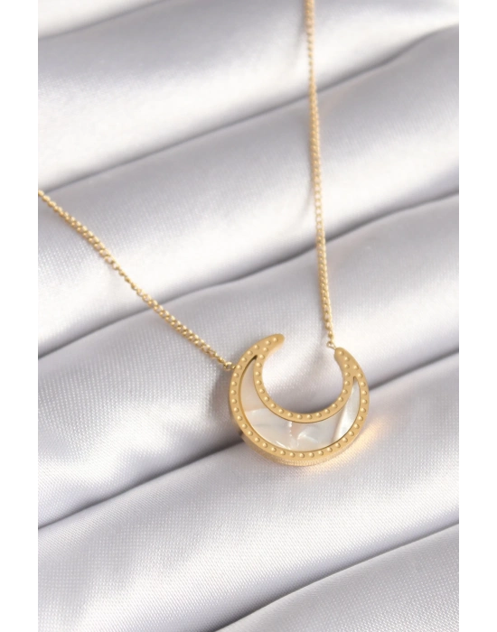 ® 316L Çelik Gold Renk Beyaz Sedefli Hilal Model Kadın Kolye