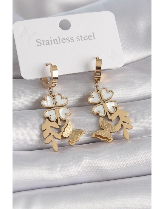® 316L Çelik Gold Renk Beyaz Sedefli Yonca Simli Kelebek Figür Kadın Küpe