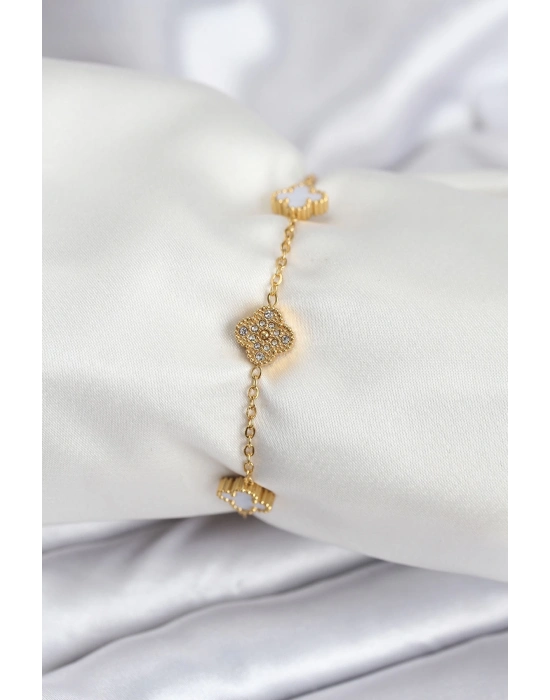 ® 316L Çelik Gold Renk Beyaz ve Zirkon Taşlı Baby Boy Yonca Kadın Bileklik