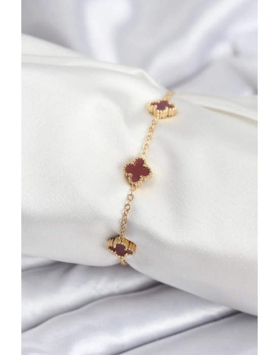 ® 316L Çelik Gold Renk Bordo Baby Boy Yonca Kadın Bileklik