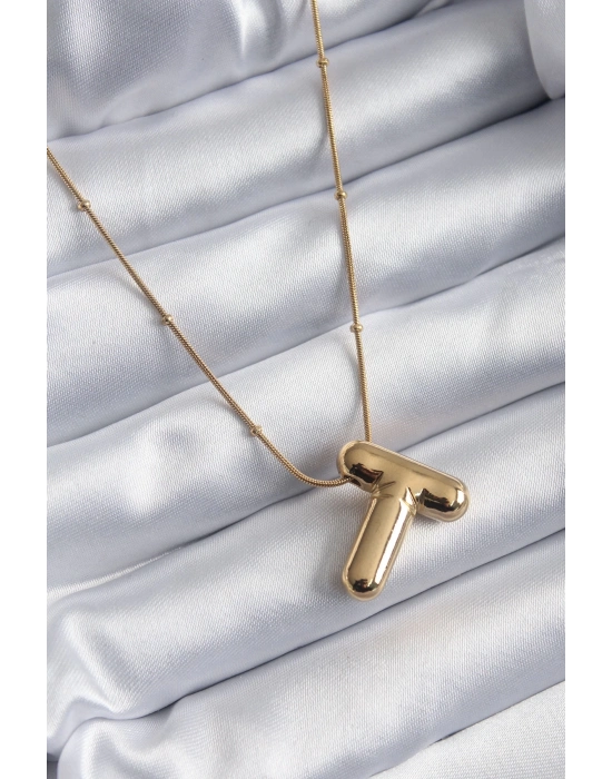 ® 316L Çelik Gold Renk Bubble T Harf Model Kadın Kolye