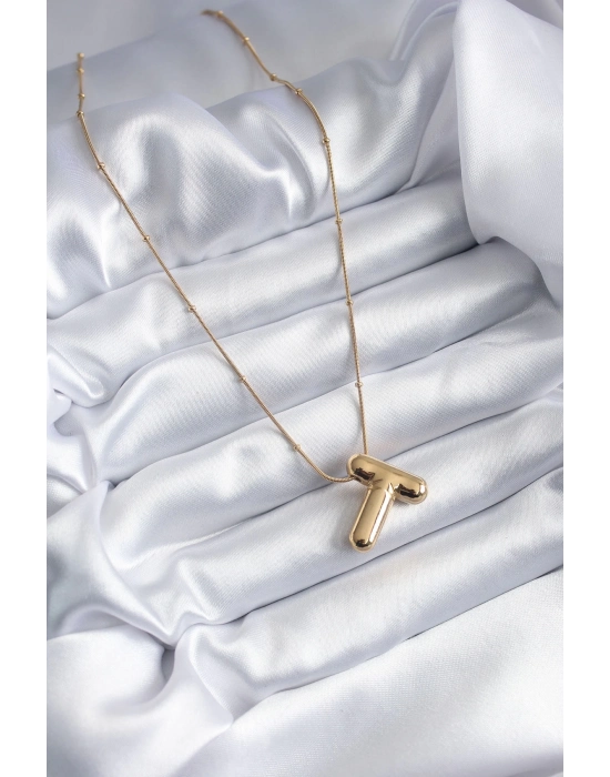 ® 316L Çelik Gold Renk Bubble T Harf Model Kadın Kolye