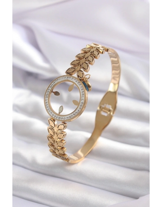 ® 316L Çelik Gold Renk Çeyrek Takılabilen Zirkon Taş Detay Kadın Kelepçe