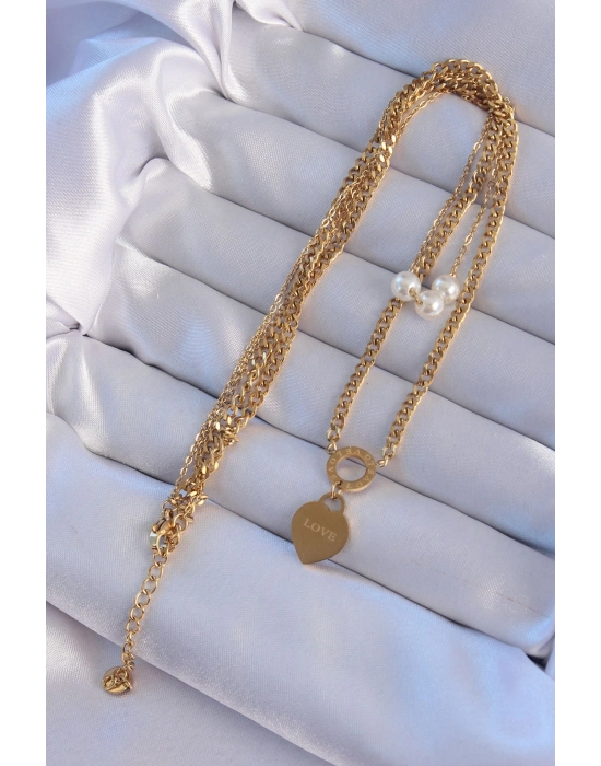 ® 316L Çelik Gold Renk Çift Zincir İnci Detayı Love Kalp Kolye