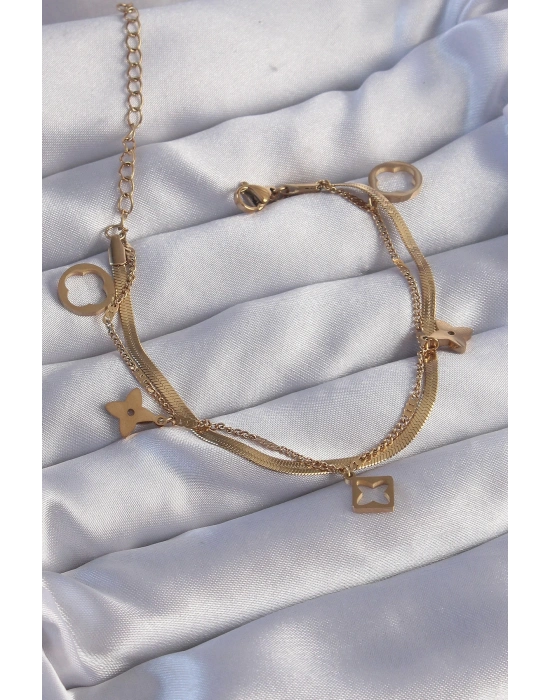 ® 316L Çelik Gold Renk Çift Zincir Yonca Tasarım Bileklik