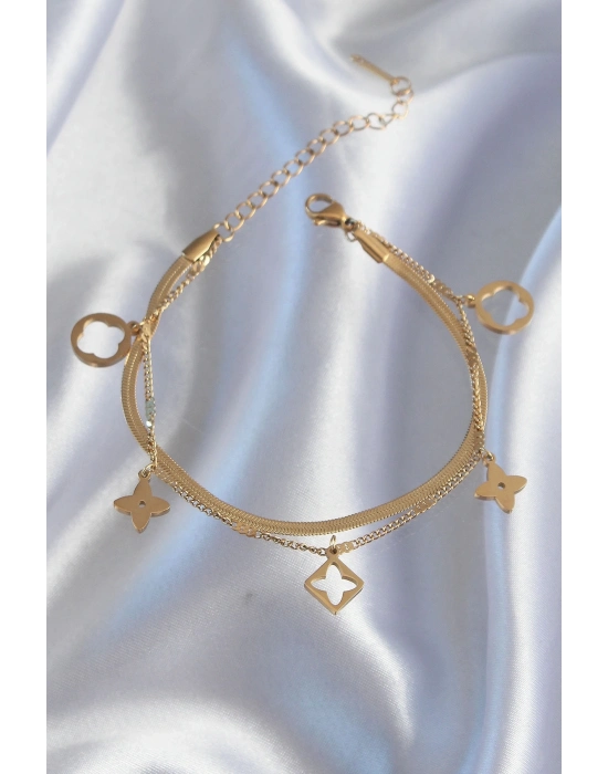 ® 316L Çelik Gold Renk Çift Zincir Yonca Tasarım Bileklik