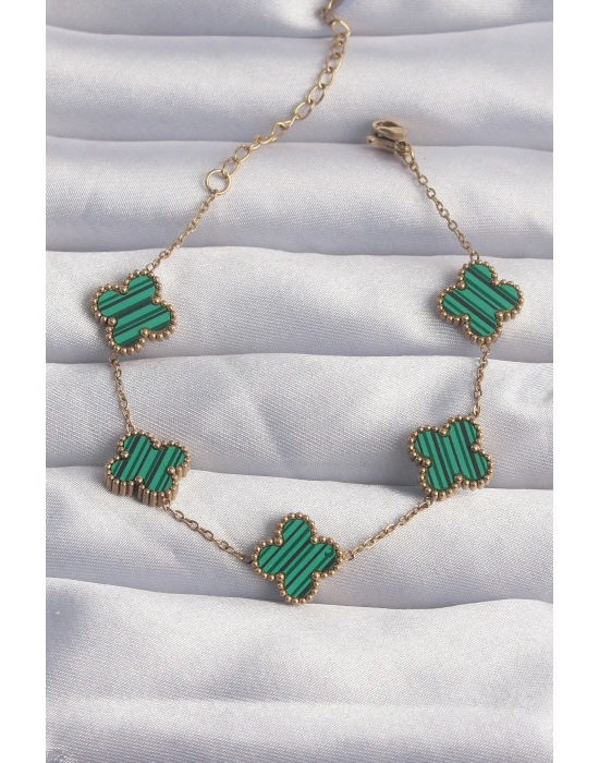 ® 316L Çelik Gold Renk Çizgili Yeşil Mineli Yonca Bileklik