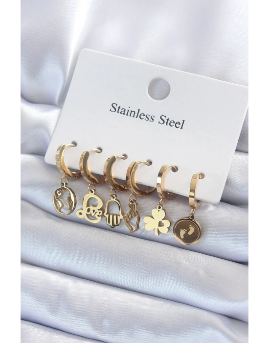 ® 316L Çelik Gold Renk Çoklu Figür Model Kadın Küpe Seti