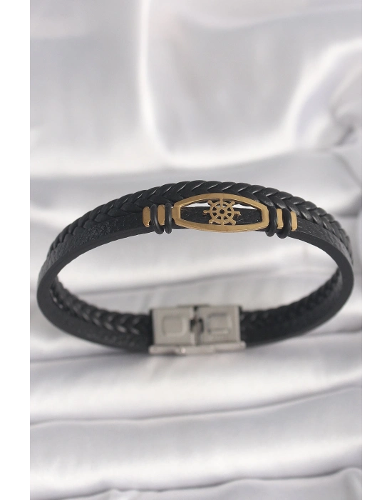 ® 316L Çelik Gold Renk Gemi Dümen Figür Siyah Renk Çift Sıra Burgu Desenli Deri Kordon Erkek Bileklik