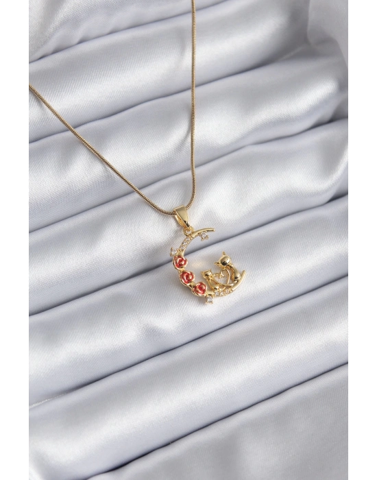 ® 316L Çelik Gold Renk Hilal Kedi Model Zirkon Taşlı Detay Kadın Kolye