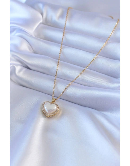 ® 316L Çelik Gold Renk İncili Kalp Model Zirkon Taşlı Kadın Kolye