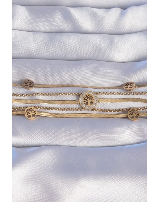 ® 316L Çelik Gold Renk İtalyan Zincir Detaylı Zirkon Taşlı Yaşam Ağacı Tasarımlı Çoklu Bileklik