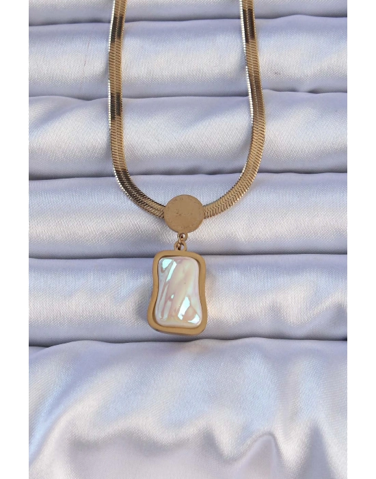 ® 316L Çelik Gold Renk İtalyan Zincir Ezme Taşlı Kolye