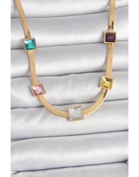 ® 316L Çelik Gold Renk İtalyan Zincir Model Kare Renkli Zirkon Taşlı Kadın Kolye