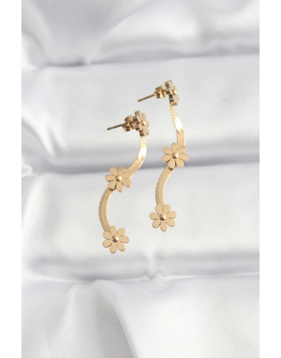 ® 316L Çelik Gold Renk İtalyan Zincir Papatya Küpe