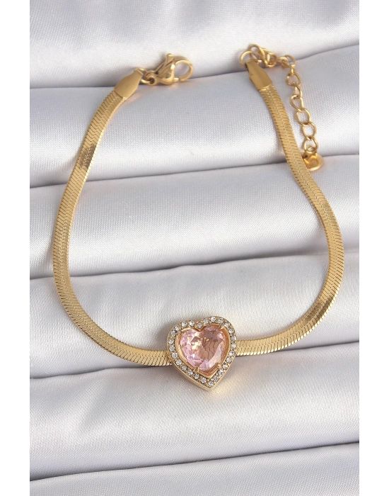 ® 316L Çelik Gold Renk İtalyan Zincir Pembe Zirkon Taşlı Kalp Model Kadın Bileklik