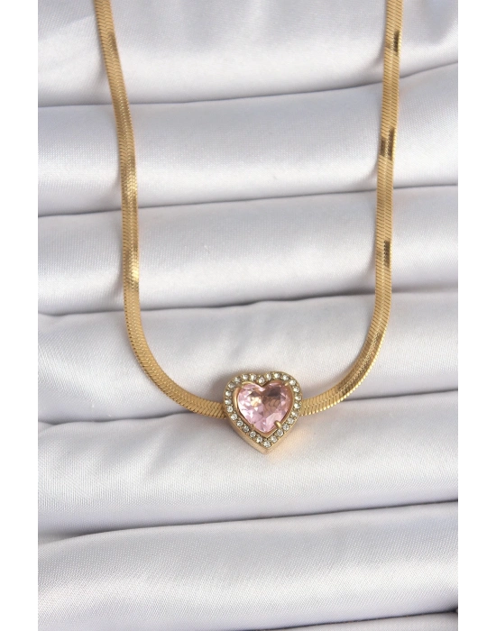 ® 316L Çelik Gold Renk İtalyan Zincir Pembe Zirkon Taşlı Kalp Model Kadın Kolye