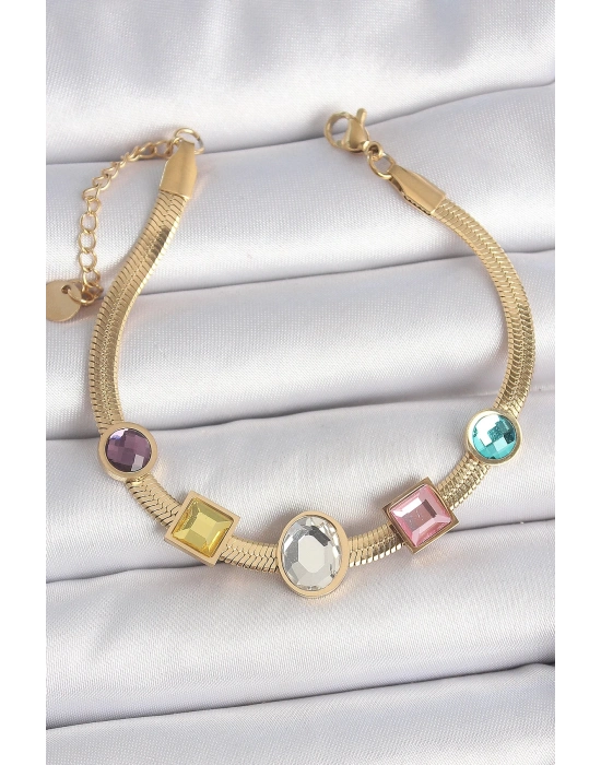 ® 316L Çelik Gold Renk İtalyan Zincir Renkli Zirkon Taşlı Kadın Bileklik
