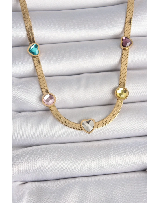 ® 316L Çelik Gold Renk İtalyan Zincir Renkli Zirkon Taşlı Kalp Figür Kadın Kolye