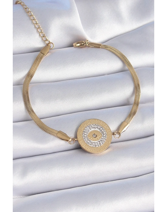 ® 316L Çelik Gold Renk İtalyan Zincir Zirkon Taşlı Göz İşlemeli Madalyon Model Kadın Bileklik