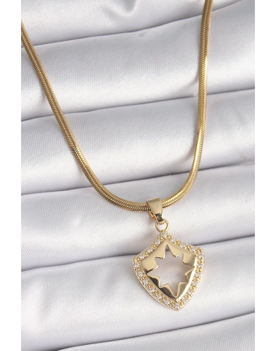 ® 316L Çelik Gold Renk İtalyan Zincir Zirkon Taşlı Kutup Yıldız İşleme Kadın Kolye